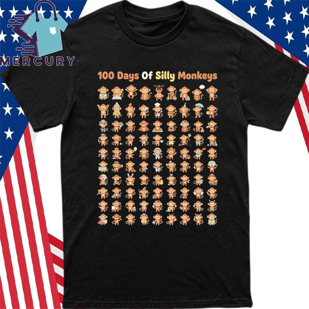Funny 100Th Day Of School Teacher 100 Days Of Silly Monkeys Shirt