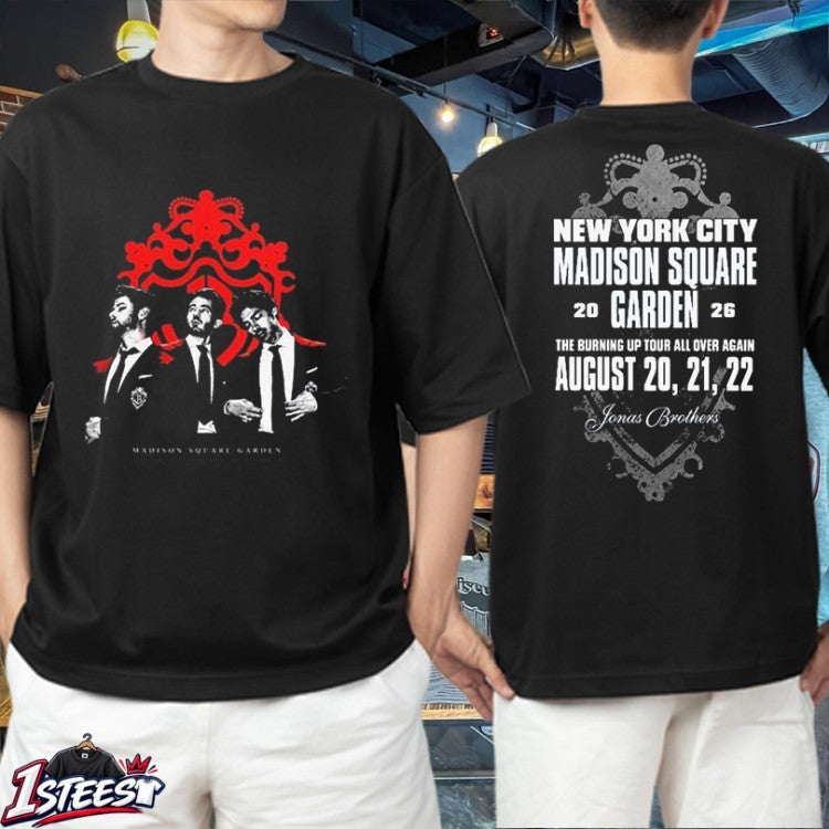 Jonas Brothers New York Pop Up Burning Up All Over Again Tour 2026 Red Dress Statue Of Liberty T-Shirts