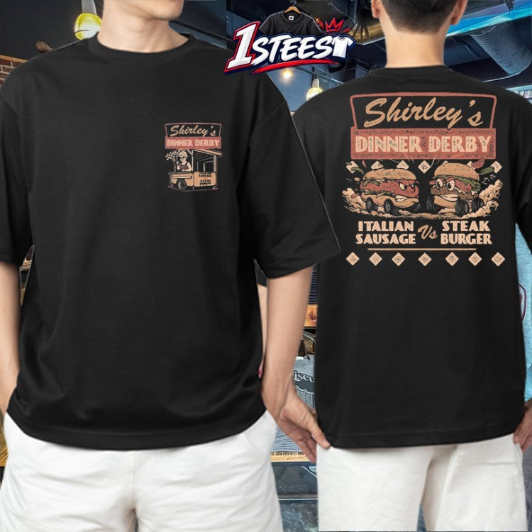 Shirley’s Dinner Derby Italian Sausage Vs Steak Burger T-shirts