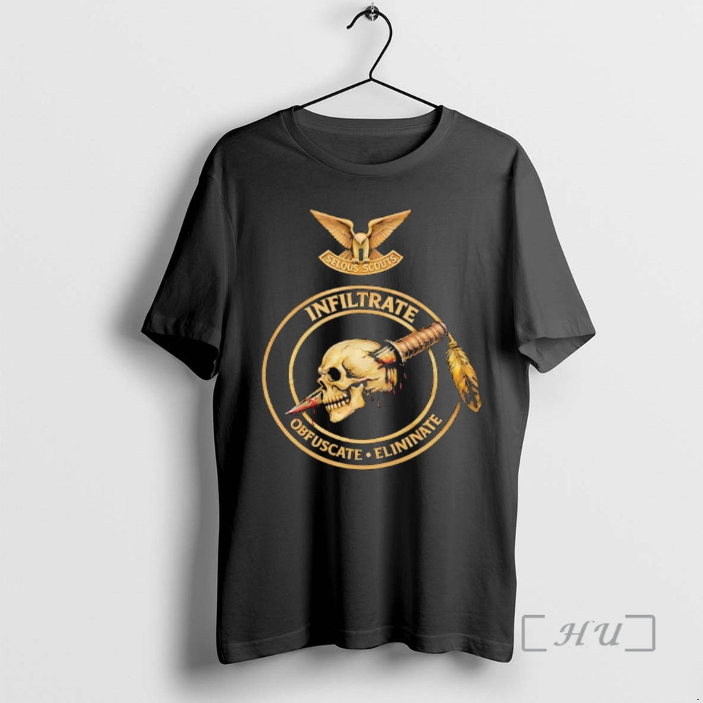 Officials Army Cavalry Scout Mos 19 Delta 19d Veteran Selous Scouts Infiltrate Obfuscate Eliminate Premium T-Shirts,...
