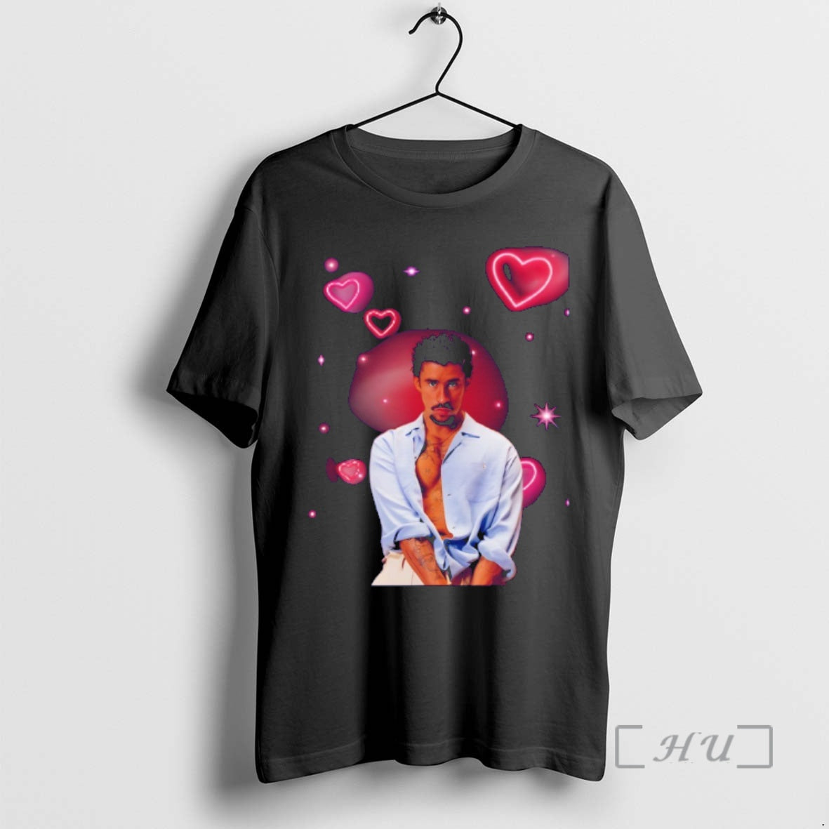 Officials Bad Bunny Benito Portrait Romantic Pink Hearts Graphic T-Shirts, Hoodie, Sweatshirt | CoreVibeTees.com