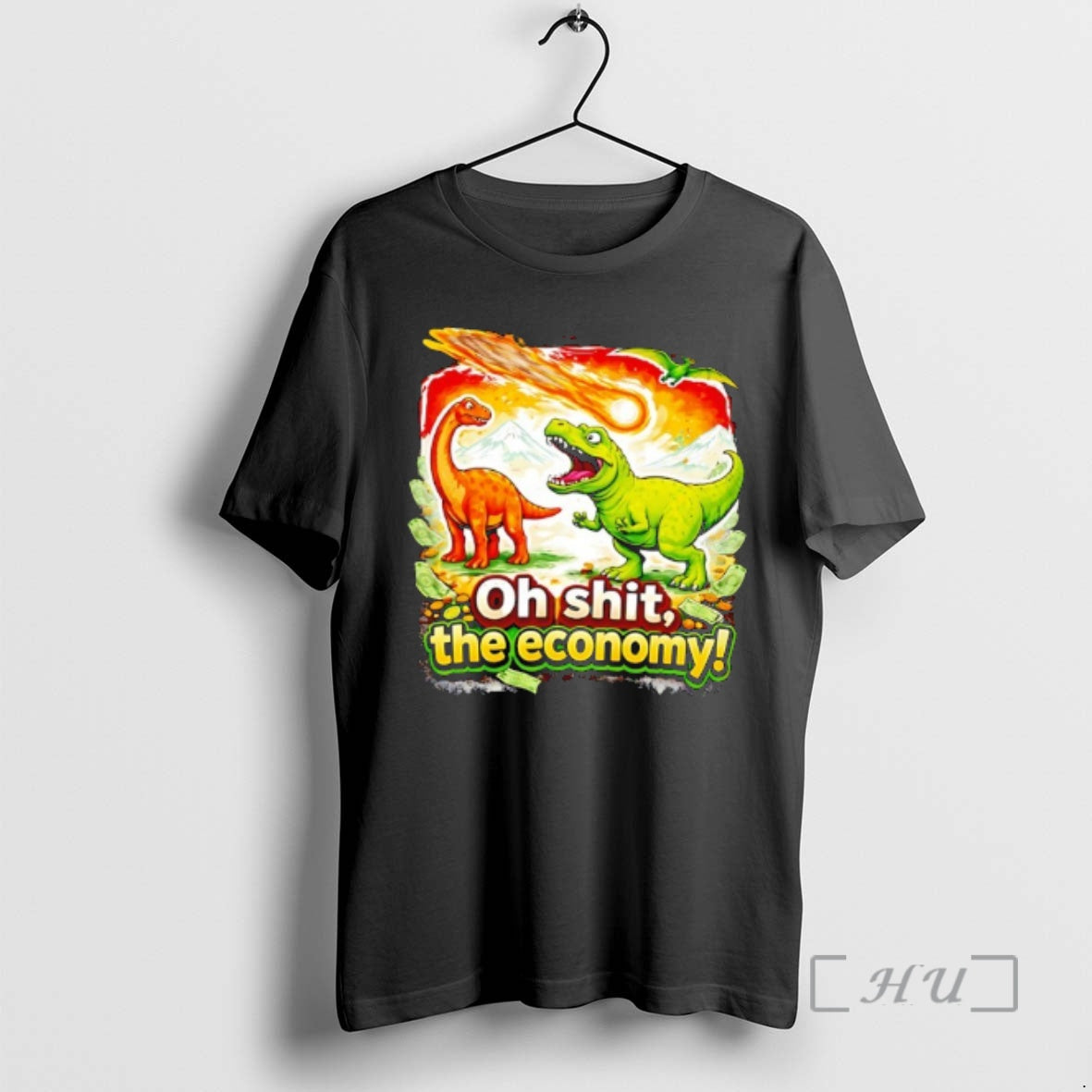 Officials Brontosaurus And T Rex As A Meteor Falls Oh Sht The Economy Premium T-Shirts, Hoodie, Sweatshirt | CoreVibeTees.com