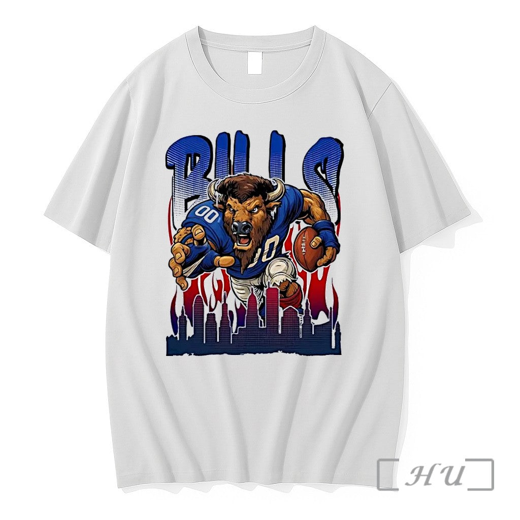 Officials Buffalo Bills Football Running Mascot With City Skyline Buffalo Bills White Premium T Shirts