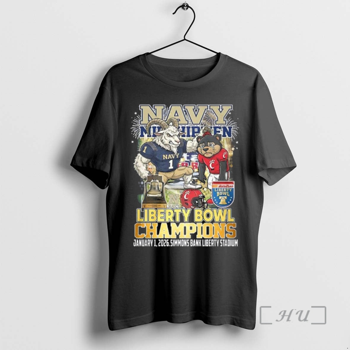Officials Navy Midshipmen Beat Cincinnati Bearcats Ncaa Autozone Liberty Bowl Champions 2026 Mascot Premium T-Shirts,...