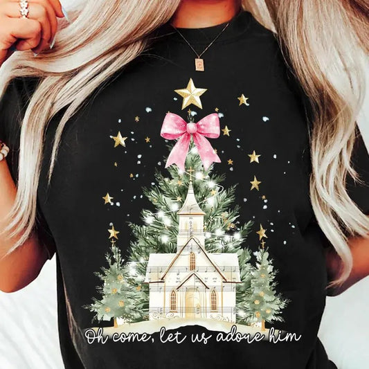 Oh Come Let Us Adore Him Coquette Bow Christmas Tree Shirt - Cotton, Fabric Crewneck Fit