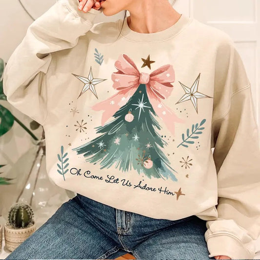 Oh Come Let Us Adore Him Sweatshirt, Coquette Bow Christmas Tree Shirt, Christmas Jesus, Christian Christmas, Xmas Tree with Bow Cotton Crewneck