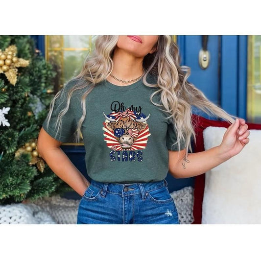 Oh My Stars Cow Shirt, Highland Cow shirt, Highland Cow With 4th July, American Flag Shirt, Fourth Of July Tee, Independence Day, Farm Shirt