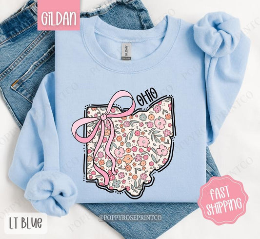 Ohio Floral Bow Gildan Sweatshirt, Cute Trendy State Coquette Pullover