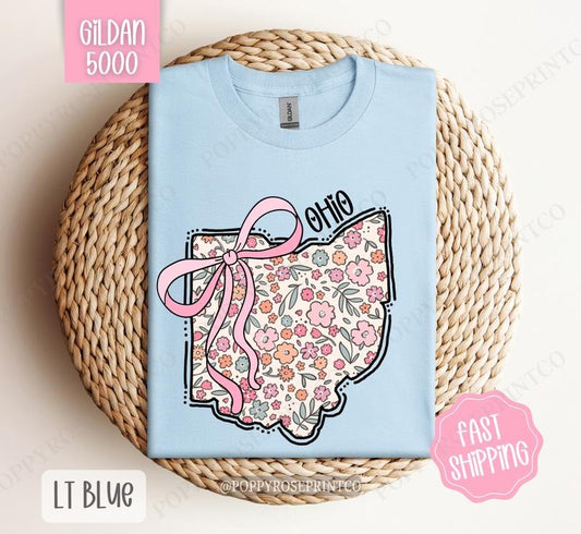 Ohio Floral Bow Gildan T-shirt, Cute Trendy Tee, State Coquette Oversized Top