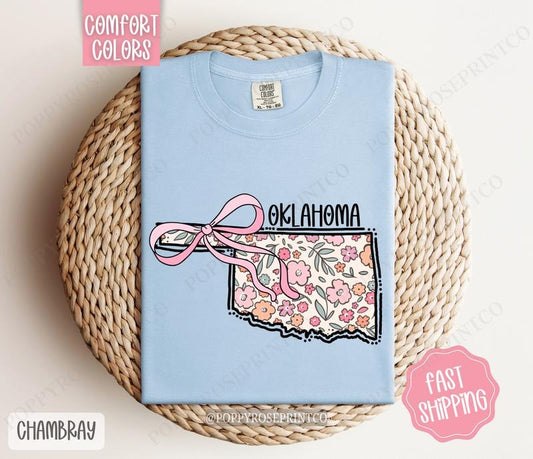 Oklahoma Floral Bow Comfort Colors T-shirt, Cute Trendy Tee, State Coquette Oversized Top