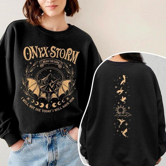 Onyx Storm 2 Sides Sweatshirt, Fourth Wing Hoodie, Basgiath War College Shirt, Fantasy Readers Shirt, Brave The Dark Sweatshirt, Romantasy Reader Tee