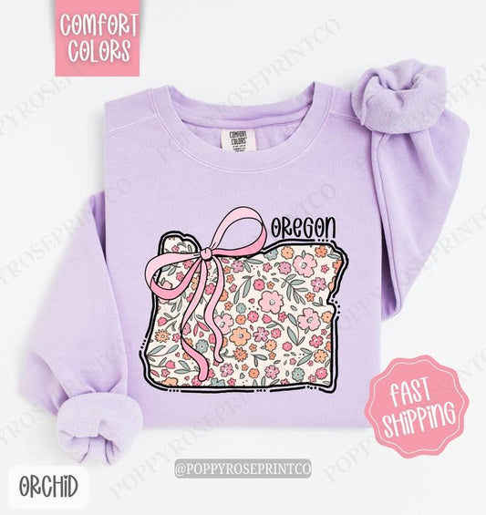 Oregon Floral Bow Comfort Colors Sweatshirt, Cute Trendy State Coquette Pullover