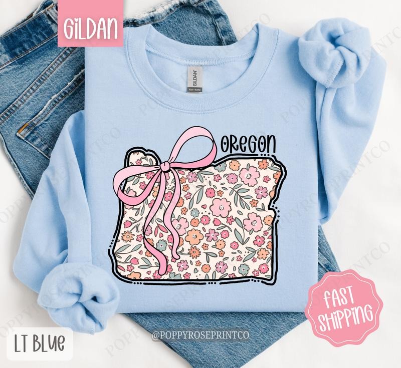 Oregon Floral Bow Gildan Sweatshirt, Cute Trendy State Coquette Pullover