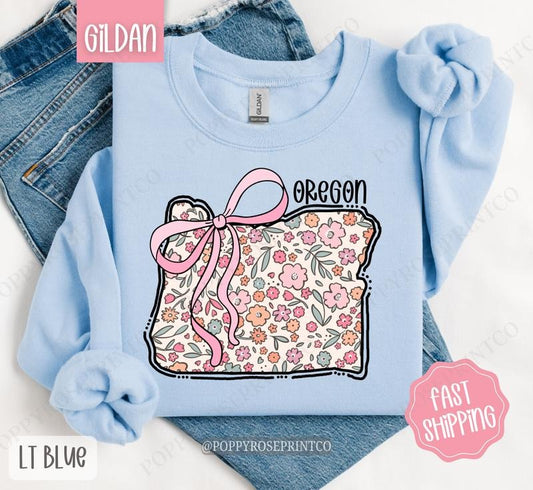 Oregon Floral Bow Gildan Sweatshirt, Cute Trendy State Coquette Pullover