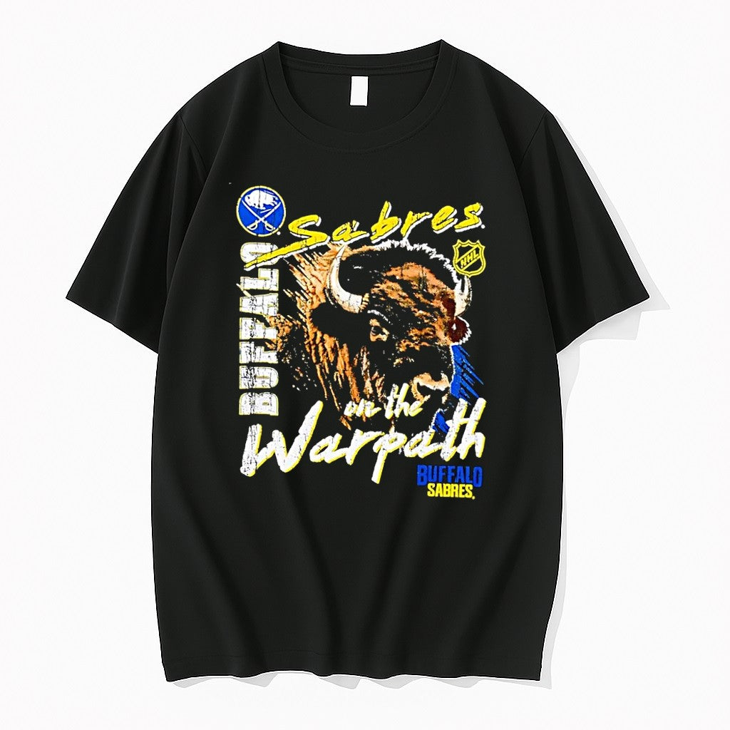 Original Buffalo Sabres On The Warpath Nhl Ice Hockey Distressed Buffalo Logo Black Tshirts