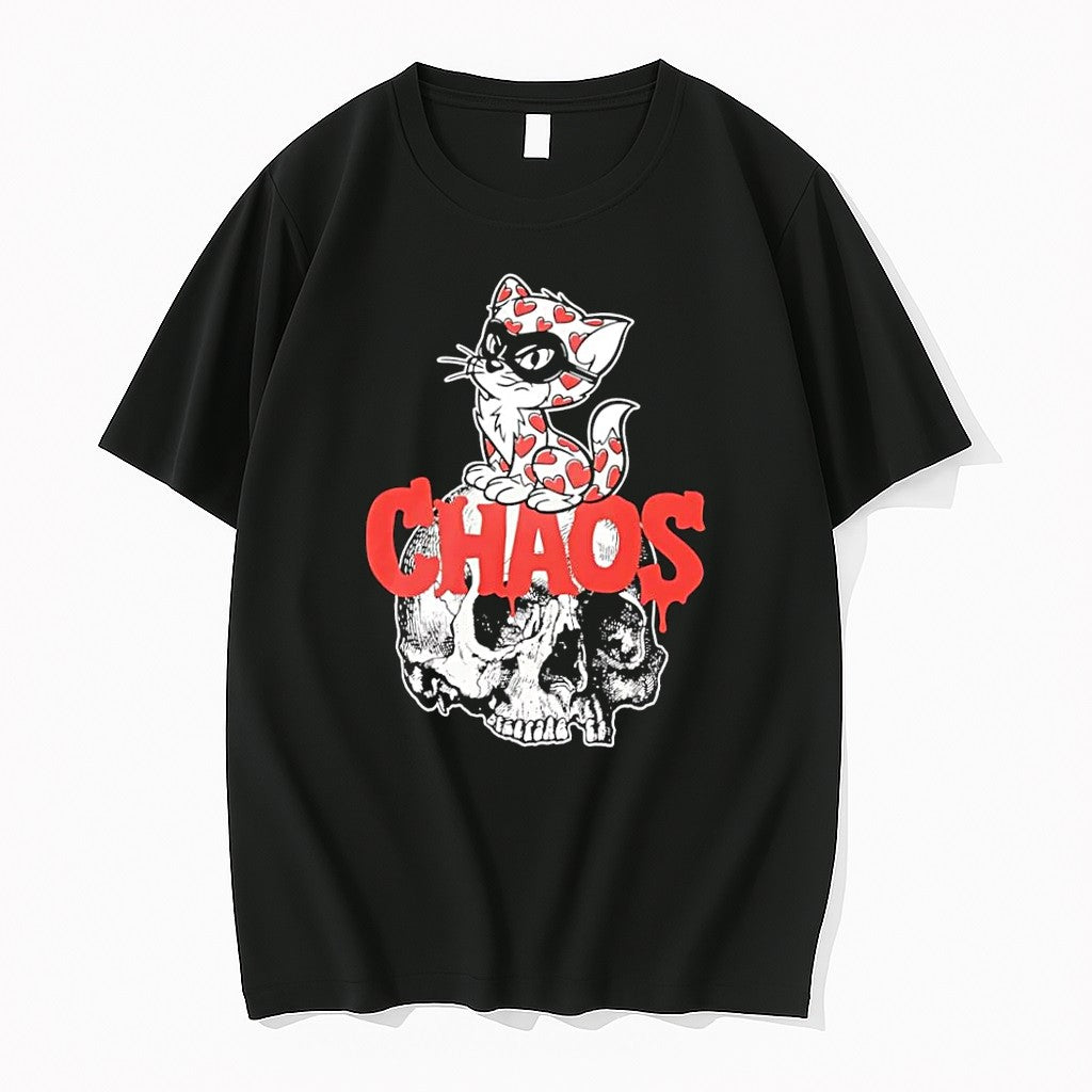 Original Chaos Cat Heart Skull Graphic Black Tshirts Jpg
