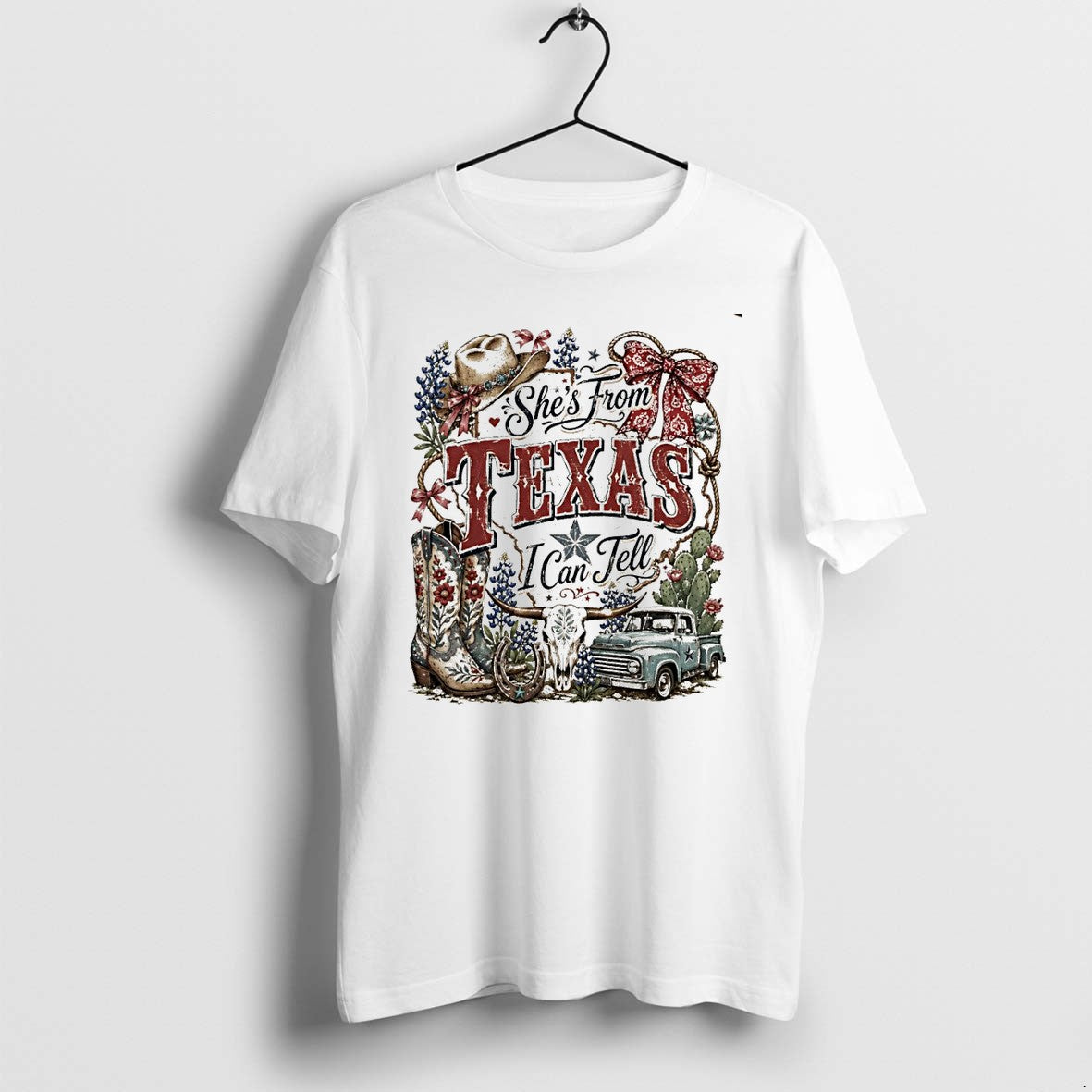 Original Cowboy Boots Bluebonnet Pickup Truck Shes From Texas I Can Tell Text Tshirts