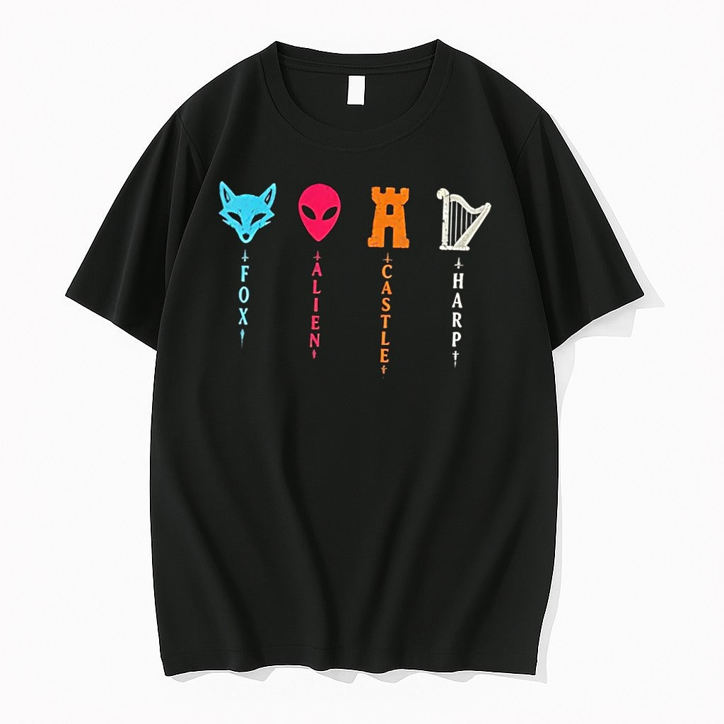 Original Fox Alien Castle Harp Icons Vertical Text Graphic Black Tshirts Jpg