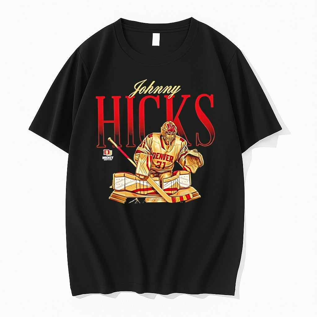 Original Johnny Hicks Denver Pioneers Mens Ice Hockey Player Caricature Tshirts