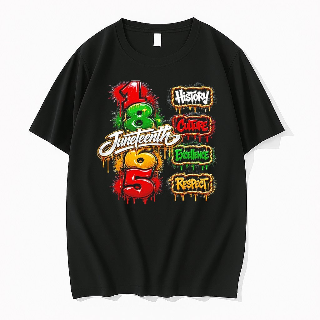 Original Juneteenth Apparel Featuring 1865 History Culture Excellence And Respect Text Tshirts