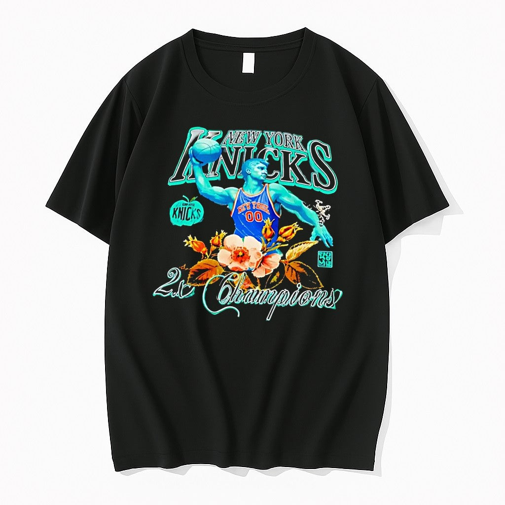 Original New York Knicks 2x Champions Apple Floral Basketball Player New York Knicks Black Tshirts