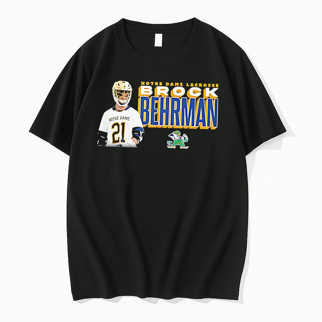 Original Notre Dame Lacrosse Brock Behrman Number 21 Illustration Tee Tshirts