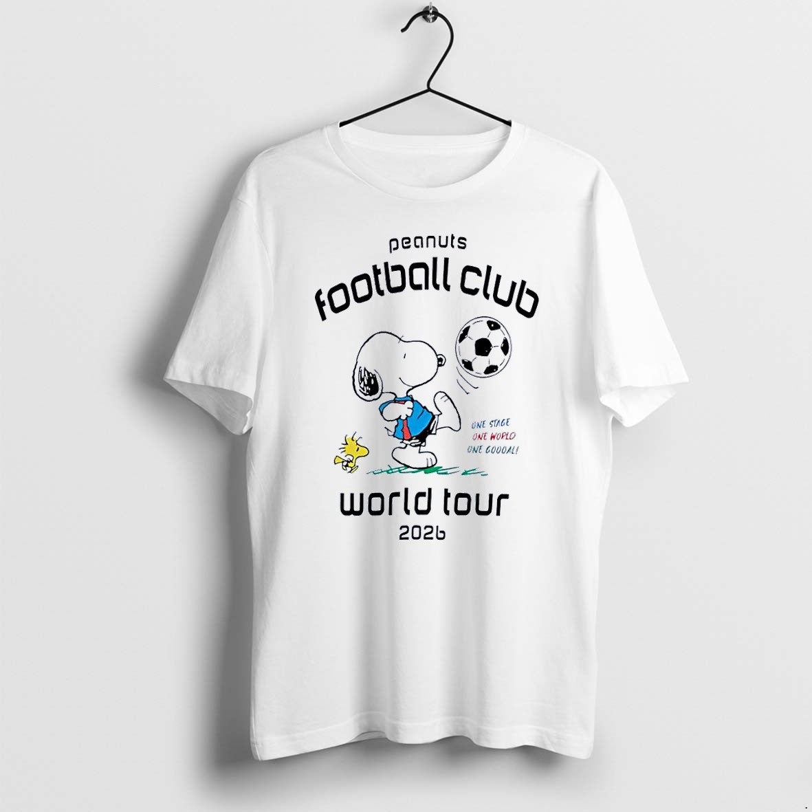 Original Peanuts Football Club One Stage World One Goal 2026 Snoopy Soccer White Tshirts