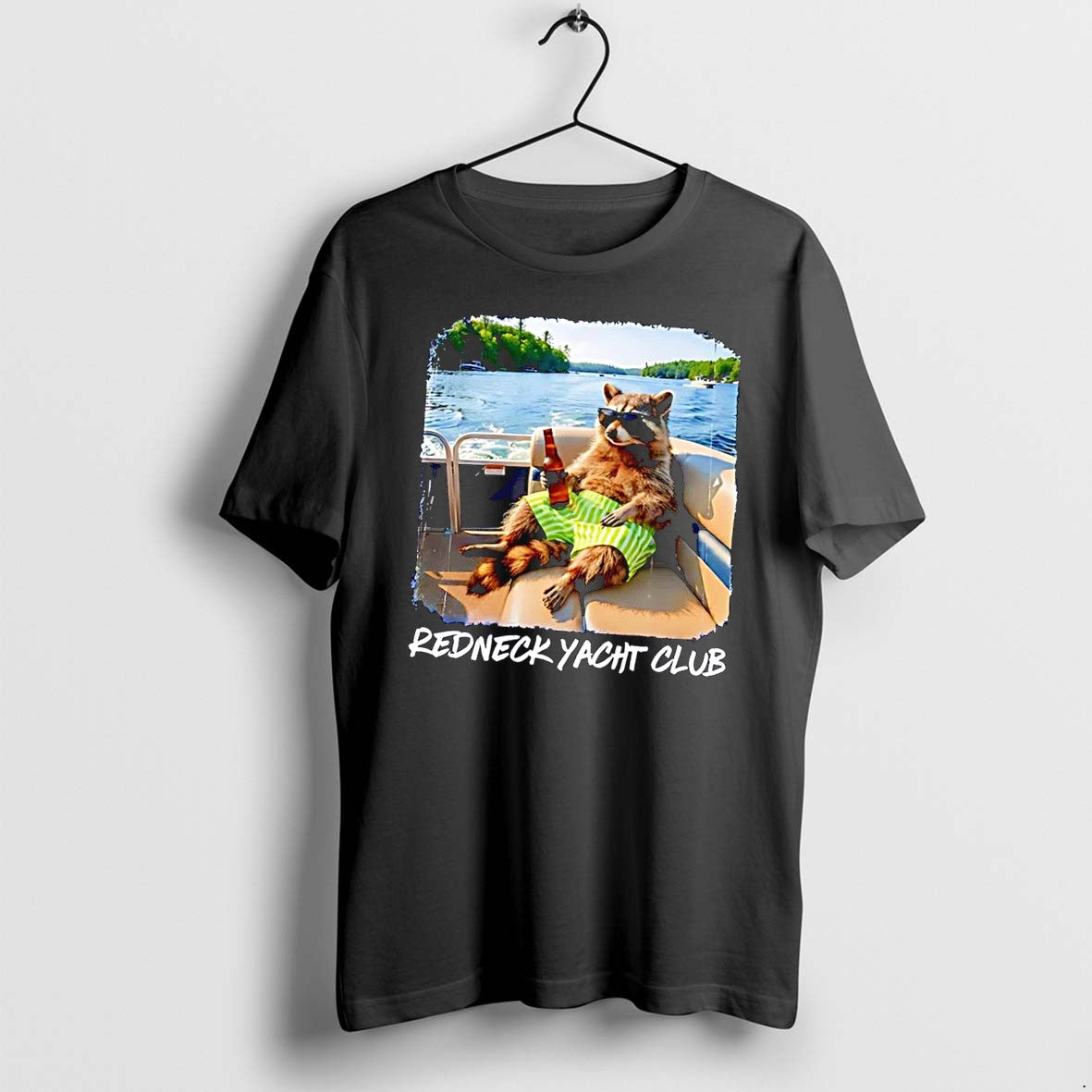Original Redneck Yacht Club Raccoon Drinking Beer On A Boat Black Tshirts Jpg