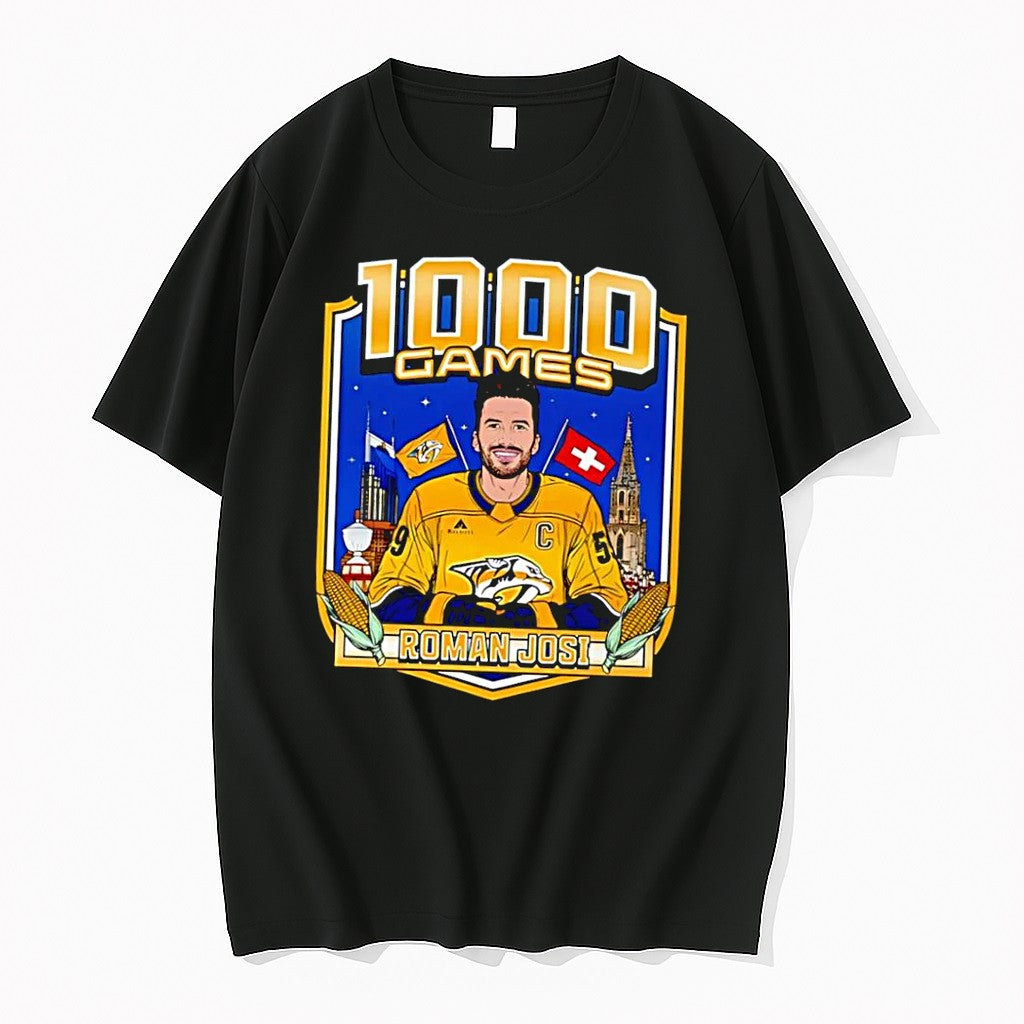 Original Roman Josi 1000 Games Captain Switzerland Nashville Hockey Black Tshirts