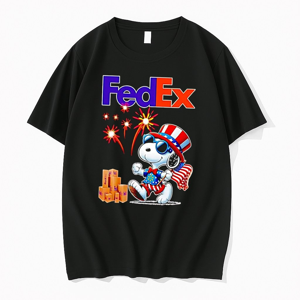 Original Snoopy Patriotic Delivery Fedex Fireworks American Flag Black Tshirts