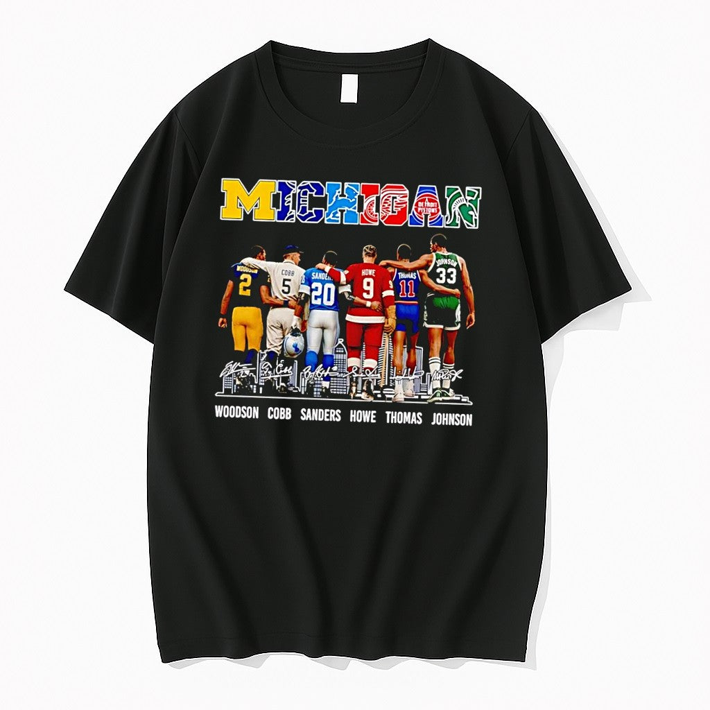 Original Woodson Cobb Sanders Howe Thomas Johnson Michigan Legends Standing Together Black Tshirts