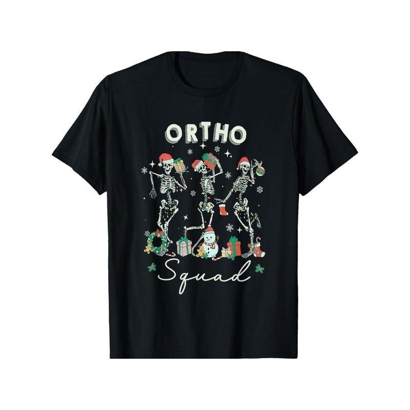 Ortho Squad Christmas Skeleton Orthopedics Nurse Rn Crew T-Shirt for Men Women, Christmas Halloween New year Thanksgiving day Gift for Men Women Dad Mom Friend, Unisex Soft Fabric 100% cotton Black Tee Made in USA