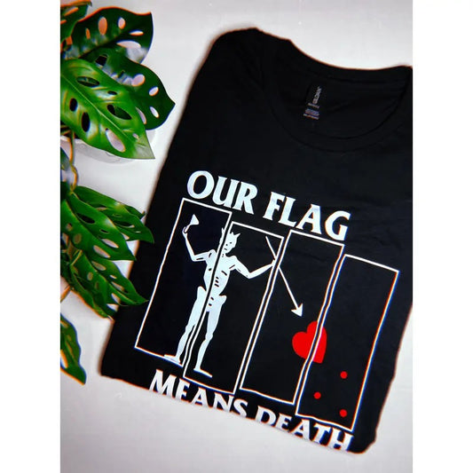 Our Flag Means Death Band Logo Mash up shirt. Black unisex shirt.
