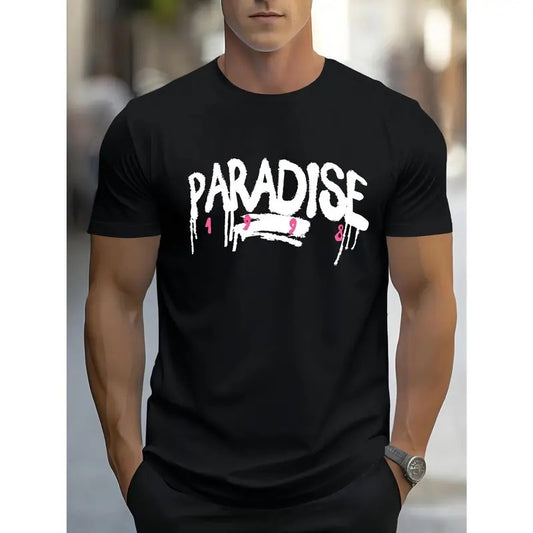 PARADISE Graphic T-Shirt for Men - Casual Sports Style, Geometric Pattern,  Knit Fabric, Round Neck, Regular Fit, Summer Collection, Adult - Outdoor & Leisure Wear Made in USA