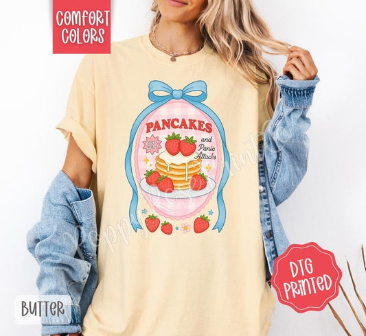 Pancakes and Panic Attacks Comfort Colors Shirt, Cute Women's Tshirt, Trendy Coquette Bow Tee, Gift for Her