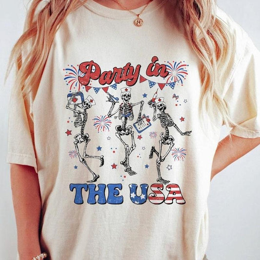 Party In The USA Shirts, 4th Of July Shirt, Shirts For Nurses, Dancing Skeleton Nurse T-shirts, USA Retro Shirts, America Flag Shirt, Women's Tops, Independence Day, Nurse Shirts, Fourth Of July Tee, Retro American Nurse Shirts