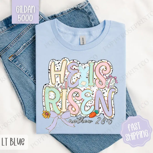 Pastel He is Risen Shirt Gildan, Cute Easter Tee, Trendy Religious Women's Tshirt Plus Sizes, Gift for Her