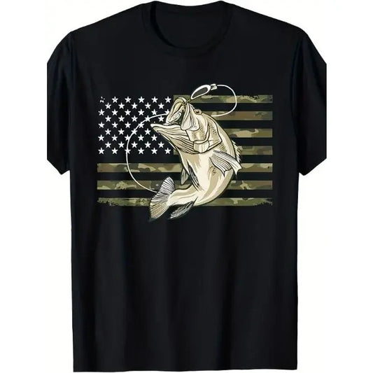 Patriotic Camo Fishing T-Shirt US American Flag Design, Bass Fish Pattern, Fisherman Style - Comfortable, Durable, and Breathable Apparel for Outdoor Enthusiasts Made in USA
