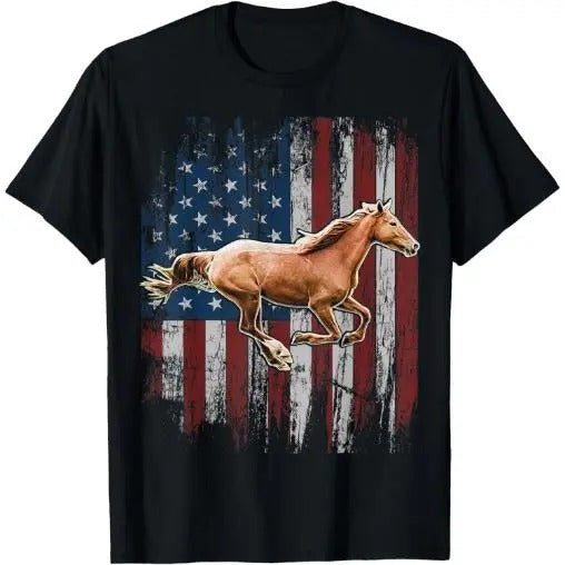 Patriotic Horse American Flag Horseback Riding Farm Gift T-Shirt  Made in USA