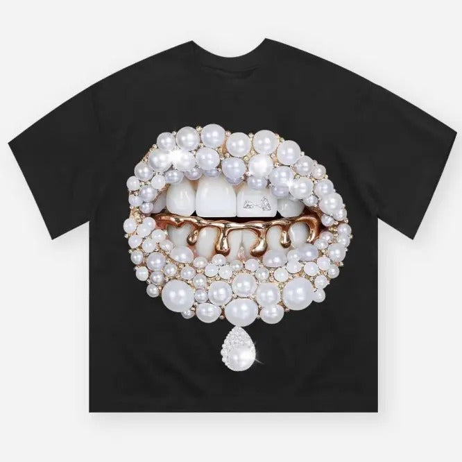 Pearl Grillz Graphic T-Shirt, Glamorous Pearl and Gold Jewelry Design, Bold Lips Art, Y2K-Inspired Bling Fashion, Trendy Streetwear Shirt