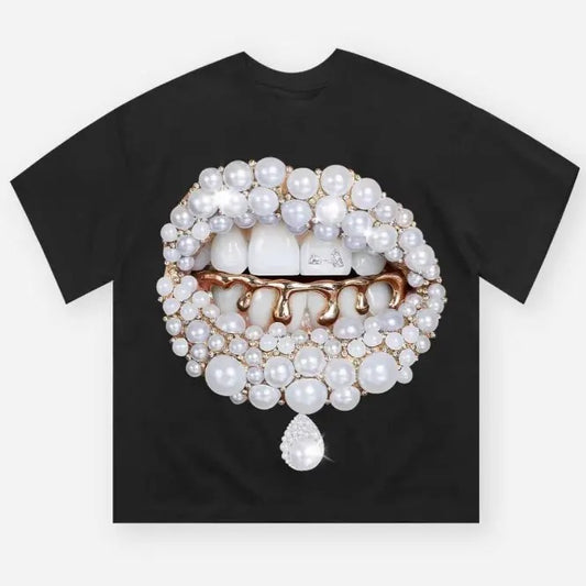 Pearl Grillz Graphic T-Shirt, Glamorous Pearl and Gold Jewelry Design, Bold Lips Art, Y2K-Inspired Bling Fashion, Trendy Streetwear Shirt