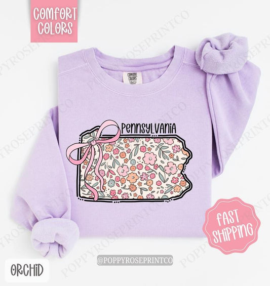 Pennsylvania Floral Bow Comfort Colors Sweatshirt, Cute Trendy State Coquette Pullover