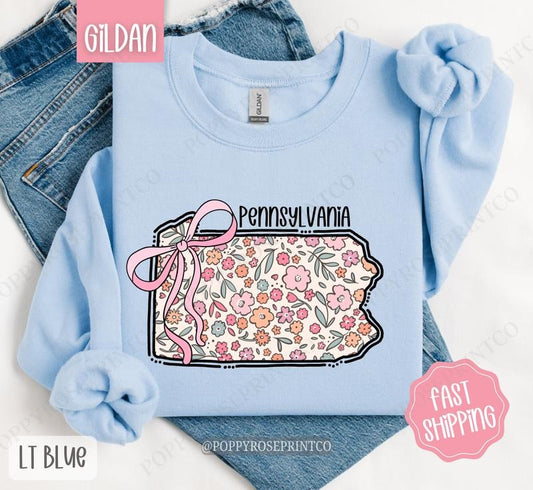 Pennsylvania Floral Bow Gildan Sweatshirt, Cute Trendy State Coquette Pullover
