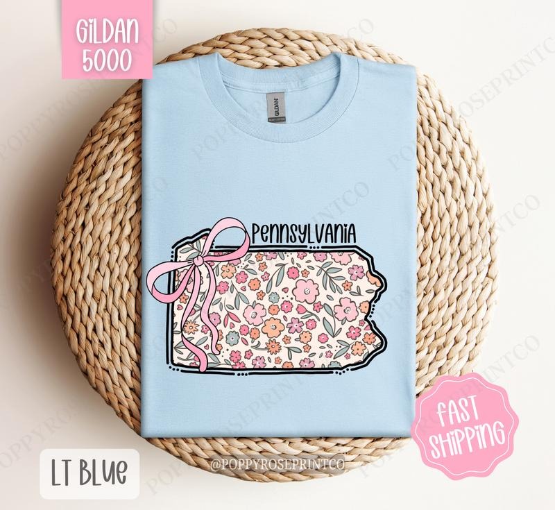 Pennsylvania Floral Bow Gildan T-shirt, Cute Trendy Tee, State Coquette Oversized Top