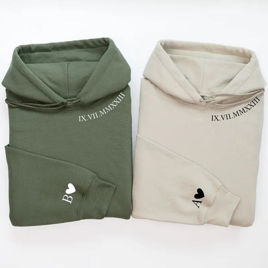 Personalized Custom Roman Numeral Hoodie for Couples - Date & Initial on Sleeve Neckline - Unisex Sweatshirt & Hoodie - Fabric, Fit