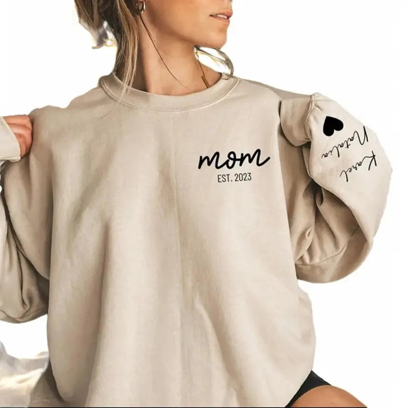 Personalized Mama Sweatshirt with Kids Names Sleeve, Custom Momma Sweater, Est Date Mom Sweatshirt, Gift for Mother, Childs Names on Sleeve Hoodie