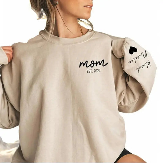 Personalized Mama Sweatshirt with Kids Names Sleeve, Custom Momma Sweater, Est Date Mom Sweatshirt, Gift for Mother, Childs Names on Sleeve Hoodie