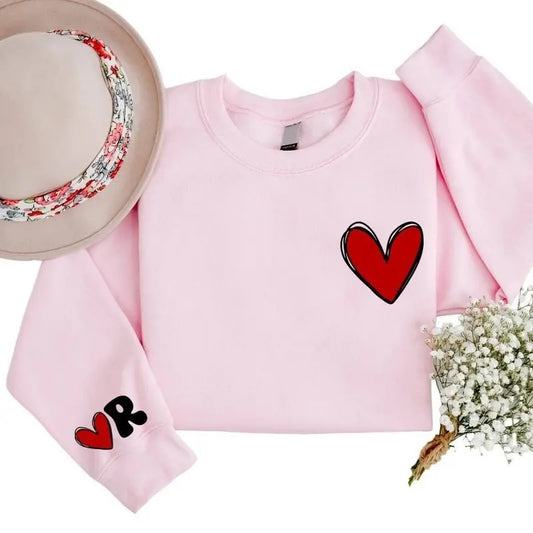 Personalized Valentine's Sweatshirt with Heart, Valentines Sweatshirt for Women with Initial on Sleeve, Custom Name Valentine's Gift
