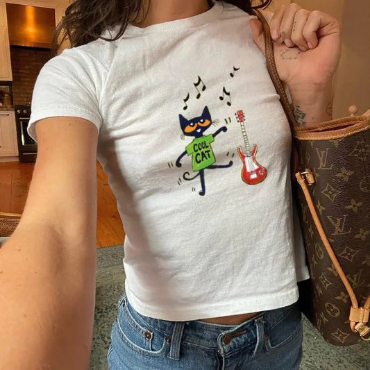 Pete the Cat Cool Cat Baby Tee  Y2K Baby Tee, 90s Baby Tee, Graphic Shirt Crop, Coquette, Vintage Design Casual Cotton