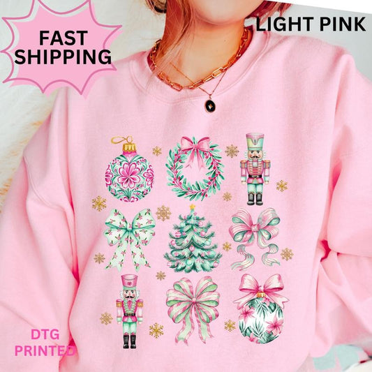 Pink And Green Christmas Coquette Sweatshirt ~ Unisex Apparel Relaxed Fit Printed in the USA Clothing Womenswear Casual and Comfortable